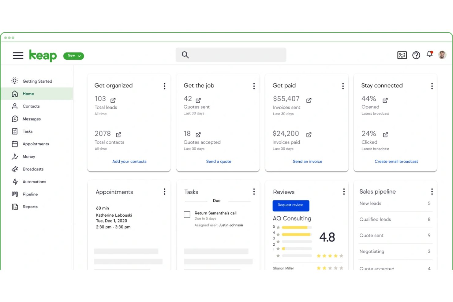 Keap-CRM-Dashboard mit Leads, Rechnungen, Angeboten, Aufgaben und Verkaufspipeline.