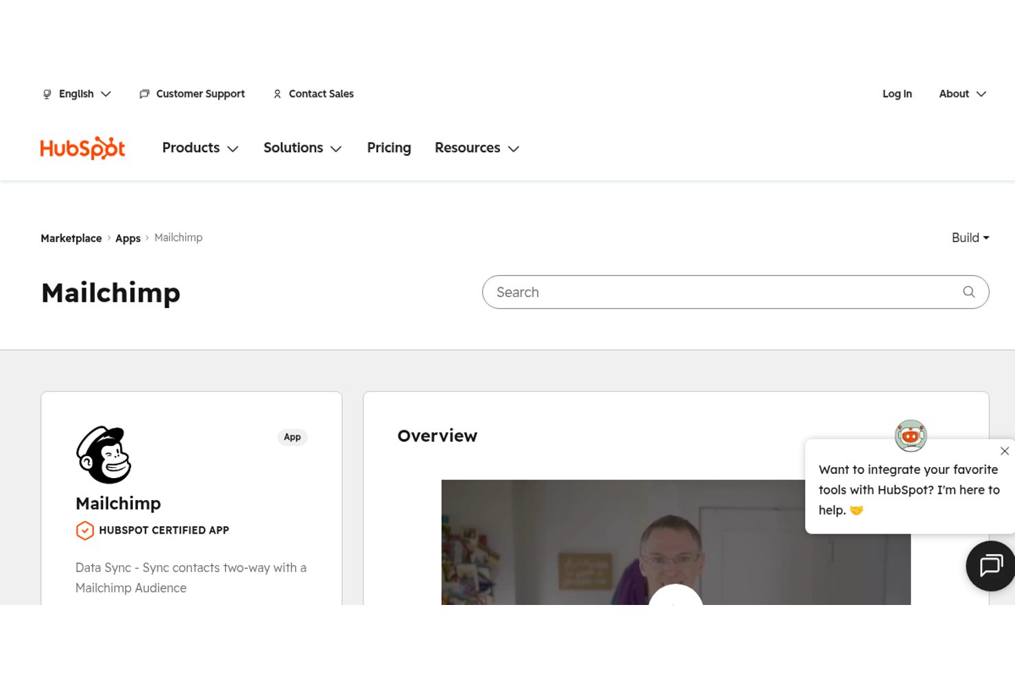 HubSpot Marketplace page showing Mailchimp as a HubSpot Certified App integration.