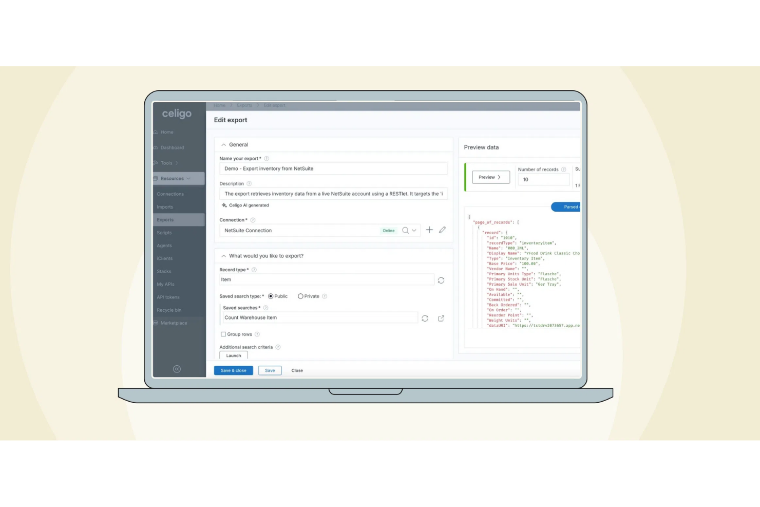 Écran de modification d’une exportation Celigo montrant la configuration d’une exportation de stocks NetSuite avec aperçu JSON.