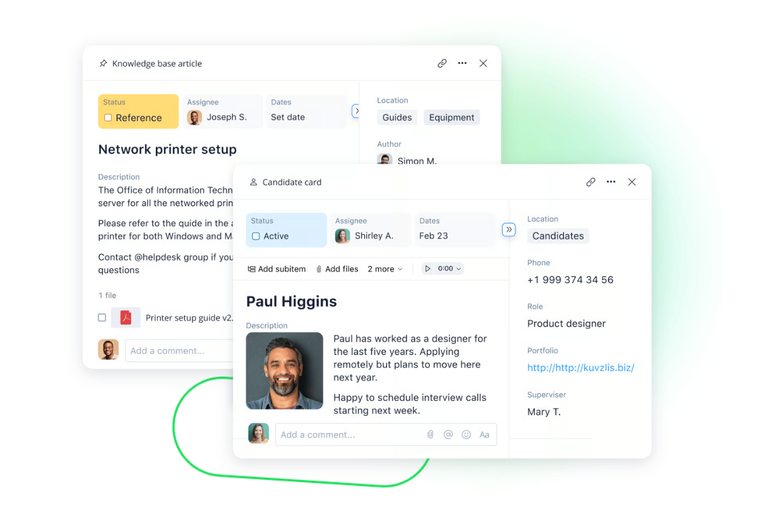 Wrike showing customizable work items for a knowledge base article and candidate profile with fields, assignees, and comments.