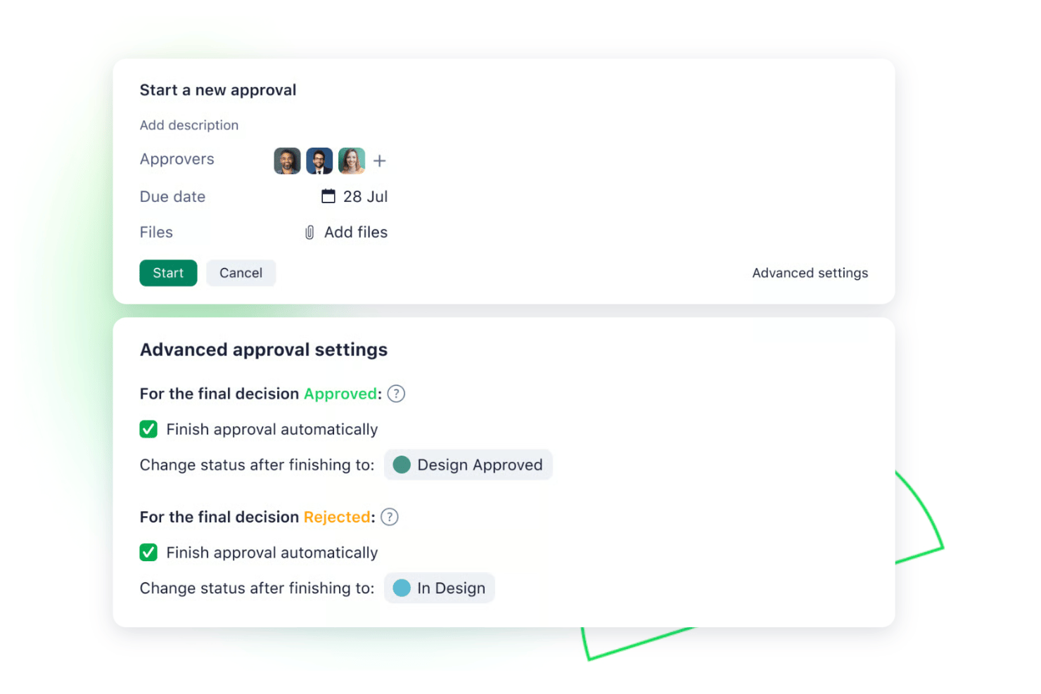 Wrike approval settings showing approvers, a due date, and automatic status changes for approved and rejected decisions.