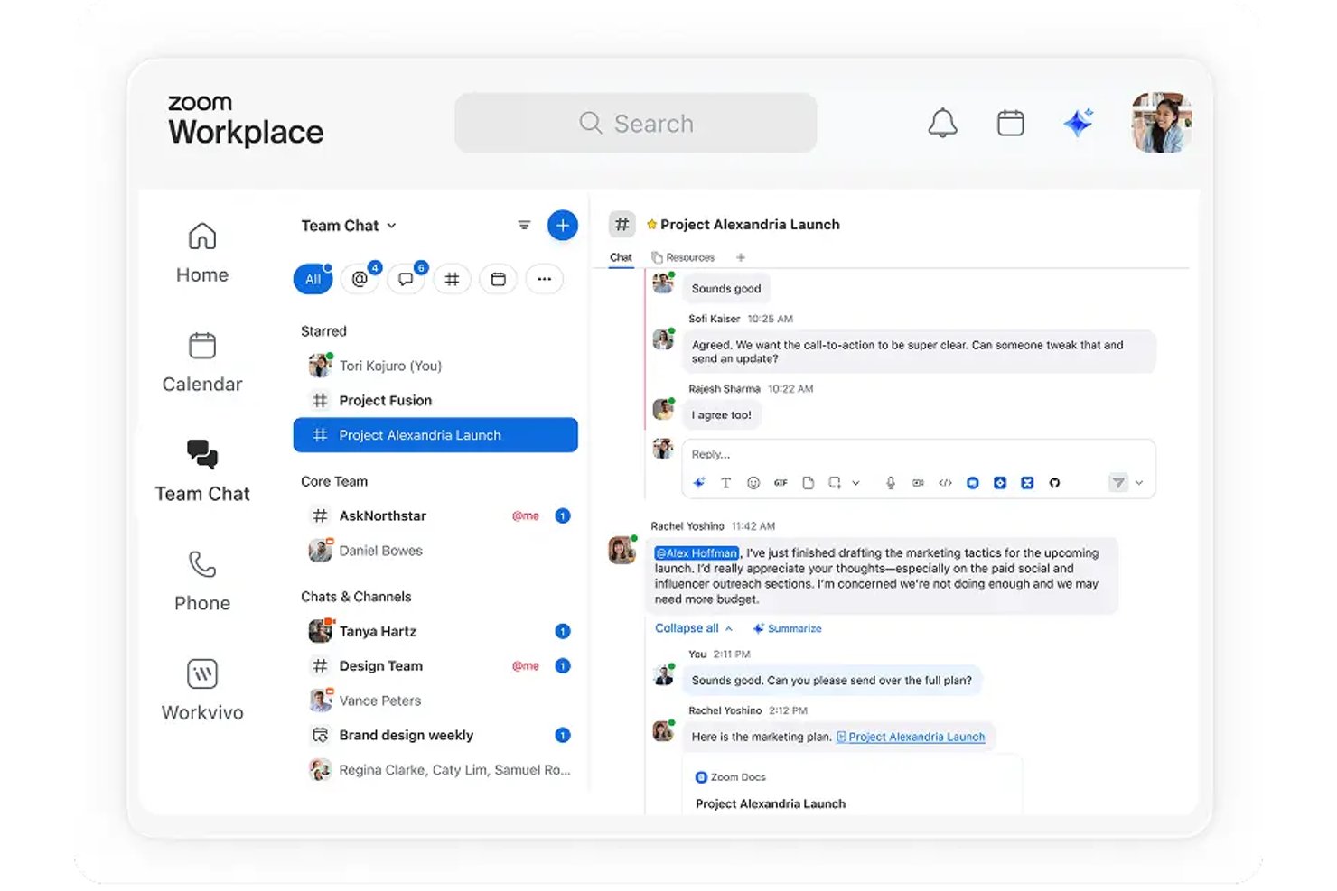 Zoom Workplace-teamchat met het kanaal Project Alexandria Launch, groepsberichten en het delen van bestanden.