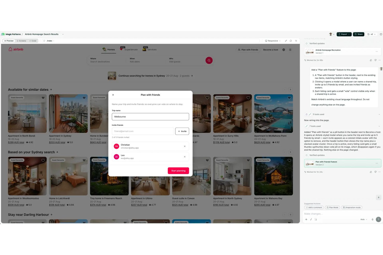 Magic Patterns UI showing an Airbnb-style 'Plan with friends' modal with trip name and friend invite fields.