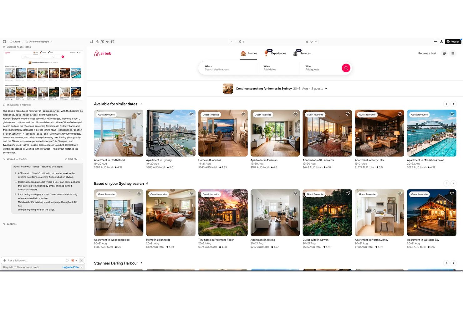Herramienta de creación de prototipos Alloy que muestra una página de inicio de Airbnb generada por IA con alojamientos publicados.