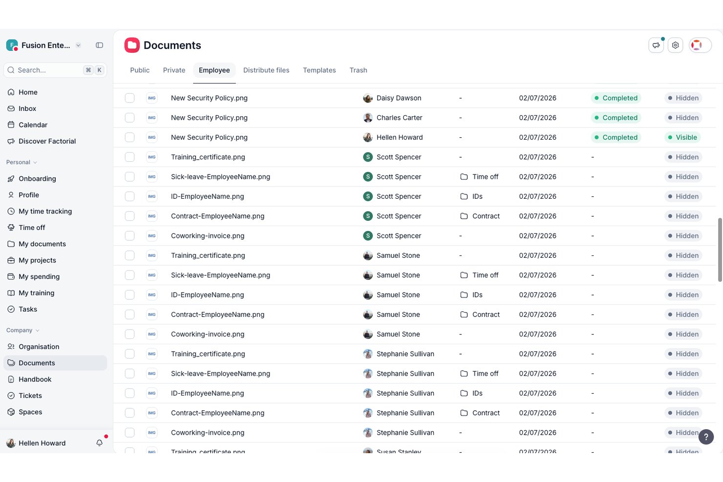 Factorial HR employee documents list showing files, owners, categories, and visibility status.
