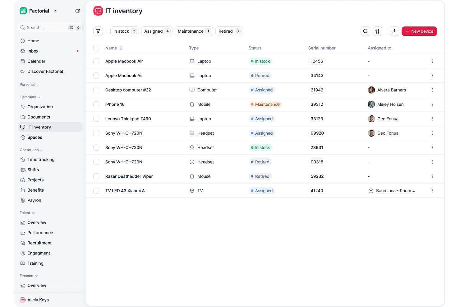 Factorial IT inventory list showing devices, types, statuses, and assigned users.