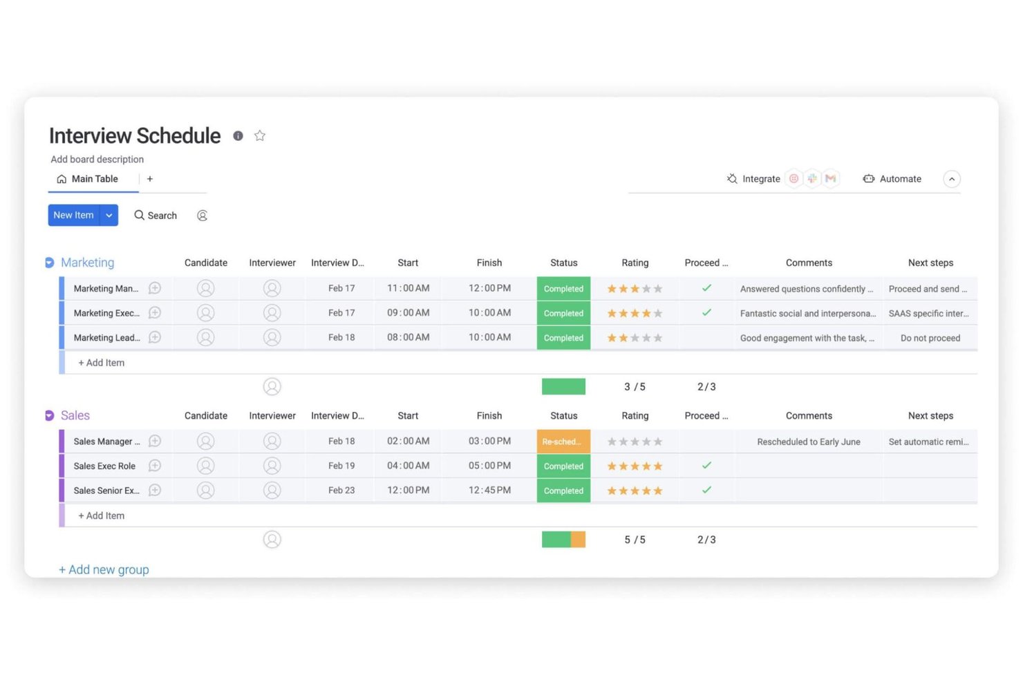 monday AI Workspace screenshot - 10 meilleurs logiciels de planification d’entretiens pour le recrutement en 2026