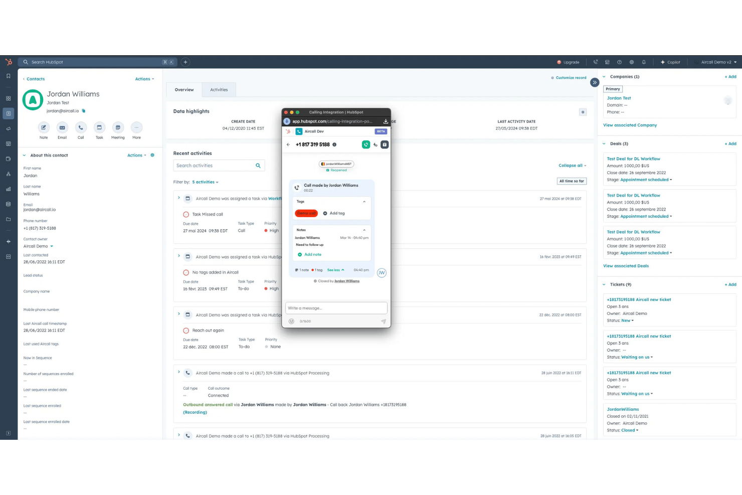 Pop-up van de Aircall-belintegratie in het contactdossier van HubSpot CRM, met gespreksactiviteit