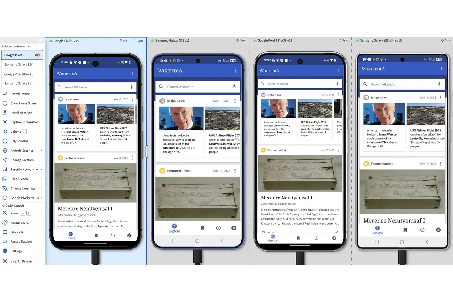 BrowserStack parallel testing showing Wikipedia app on four Android devices side by side.