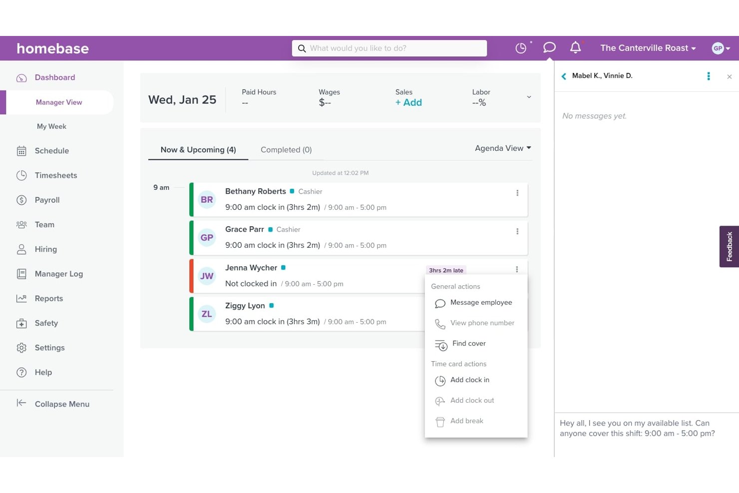 Homebase manager dashboard showing employee shift status, late alerts, and messaging panel.