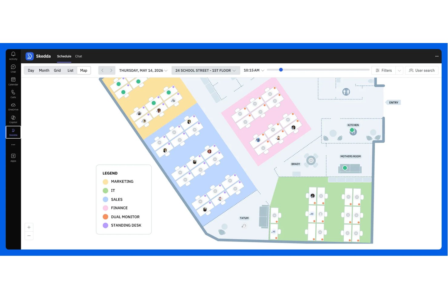 Plattegrond van Skedda met kleurgecodeerde bureaus per afdeling en vergaderruimteboekingen in Microsoft Teams