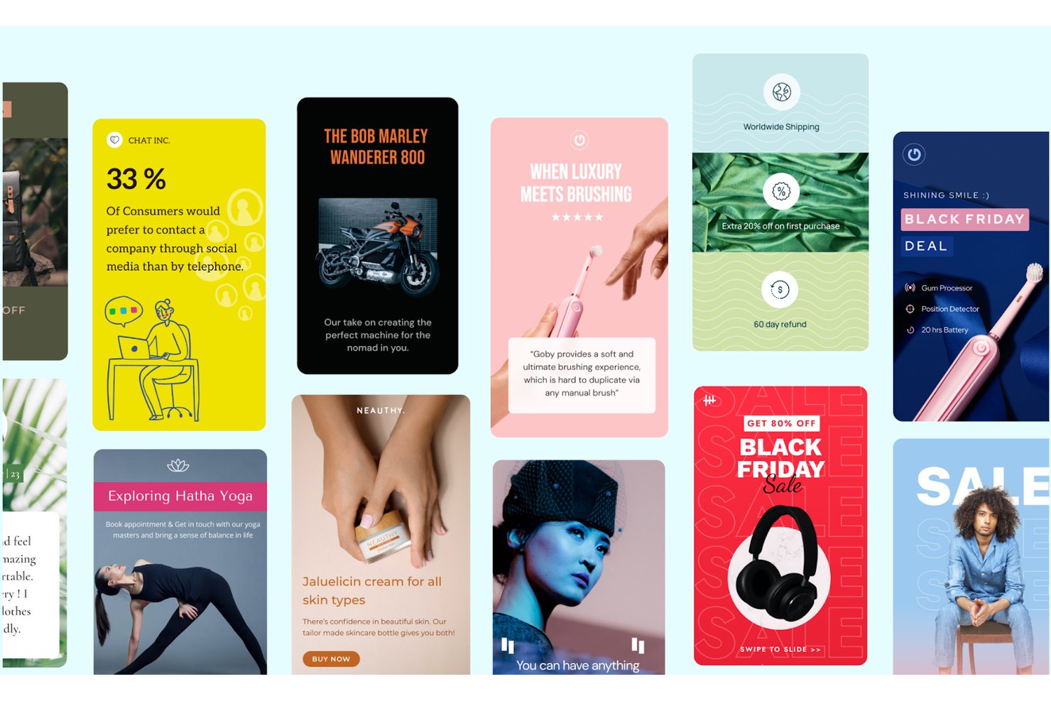 Sjabloongalerij van Swipe Pages met mobiele kaarten in verhaalstijl voor verschillende sectoren en producten.