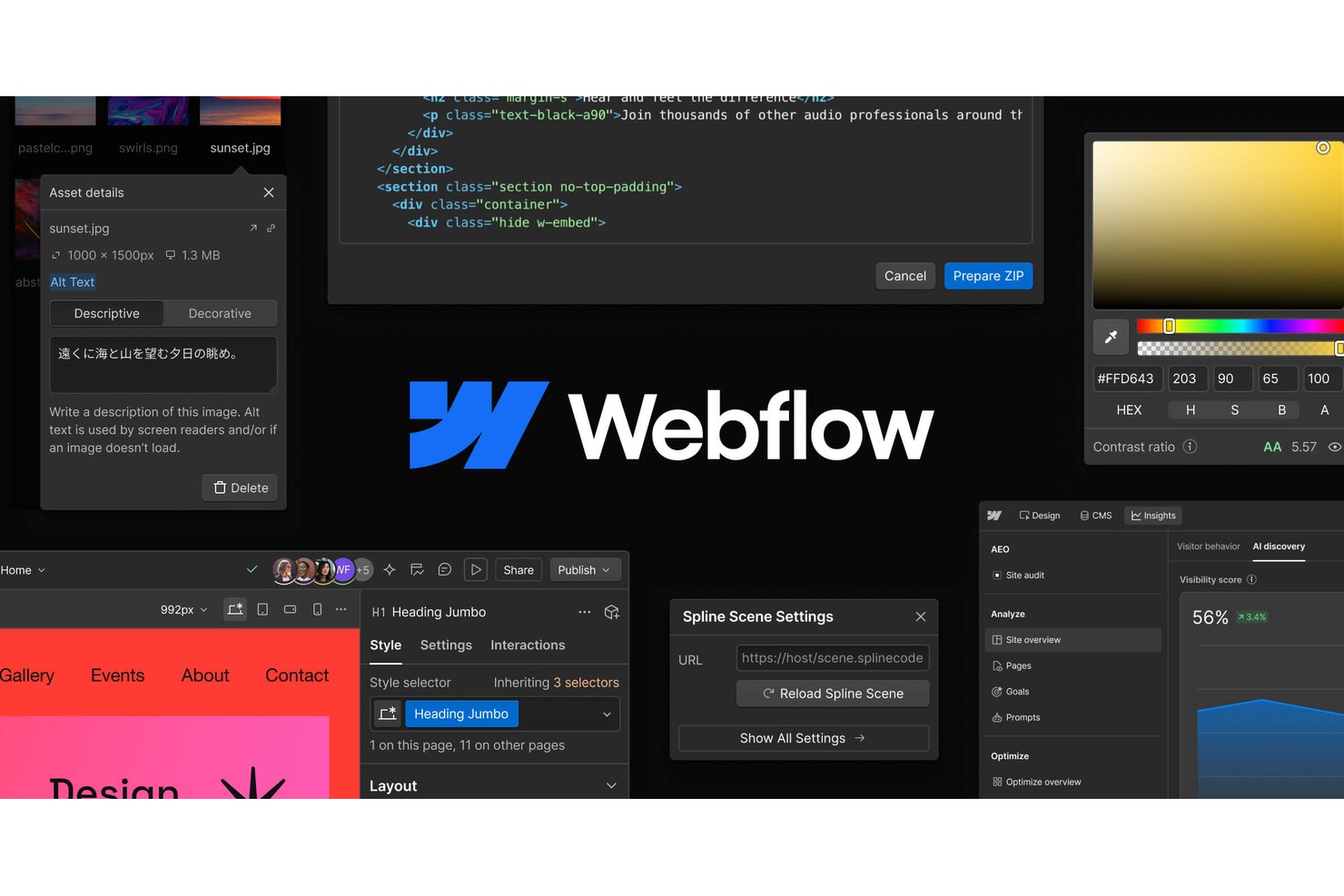 Webflow-ontwerpinterface met meerdere panelen, waaronder assetdetails, code-editor, kleurkiezer en analysedashboard.