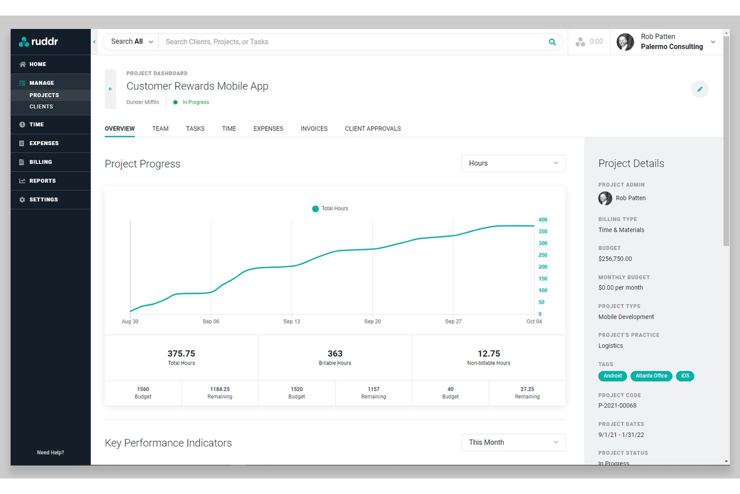 Ruddr-projectdashboard met een grafiek voor de voortgang van uren, factureerbare uren en een paneel met projectdetails.