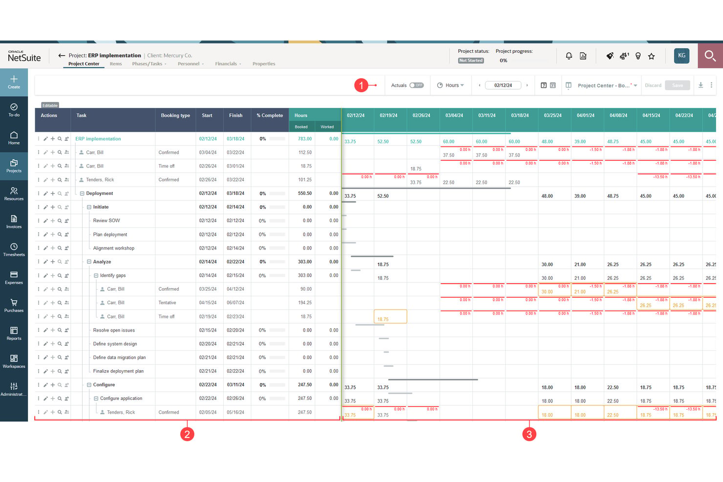 NetSuite SuiteProjects-projectcentrum met een Gantt-diagram van een ERP-implementatie, inclusief taaktoewijzingen en geboekte uren.