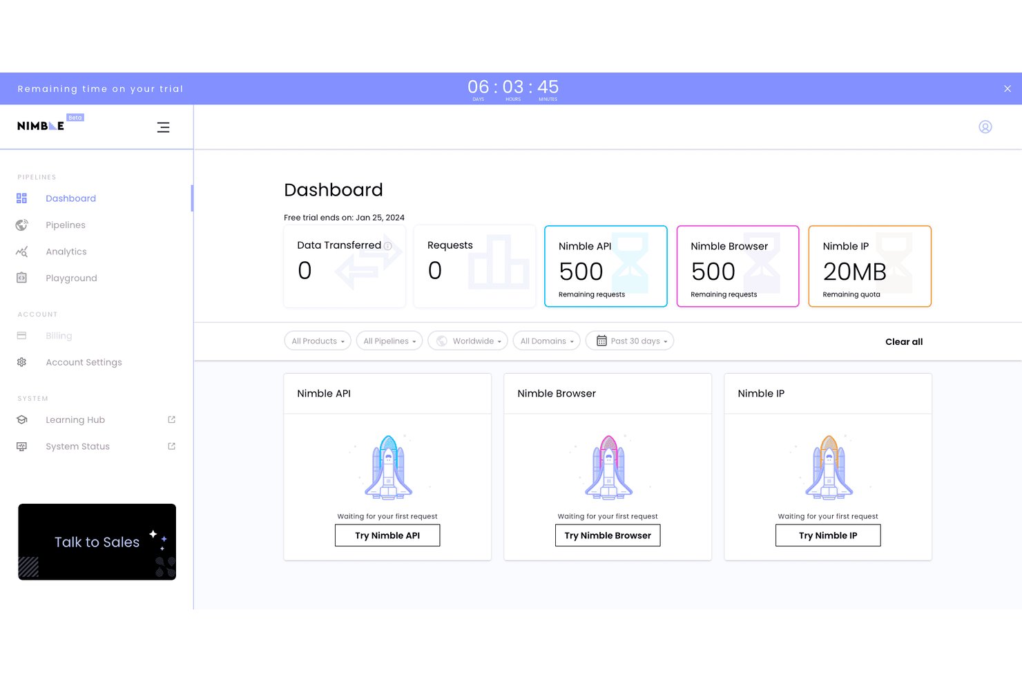 Nimbleway-dashboard met informatie over de proefversie, verzoekquota en drie kaarten om producten te starten.