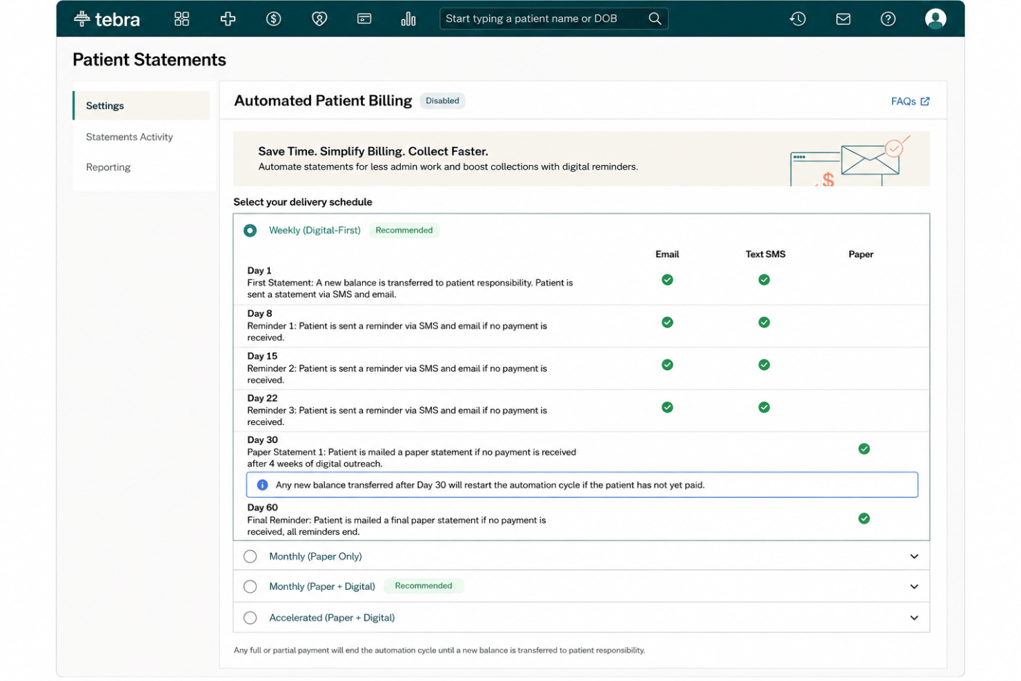 Tebra screenshot - 10 meilleurs logiciels automatisés de facturation médicale en 2026