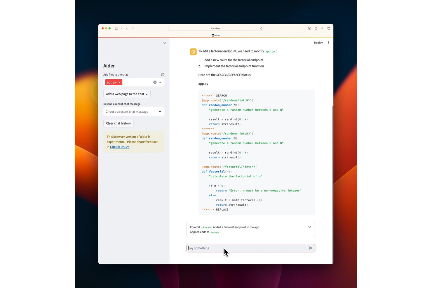 Aider-browserinterface met door AI gegenereerde ZOEKEN/VERVANGEN-codeblokken die een factorial-eindpunt toevoegen aan app.py