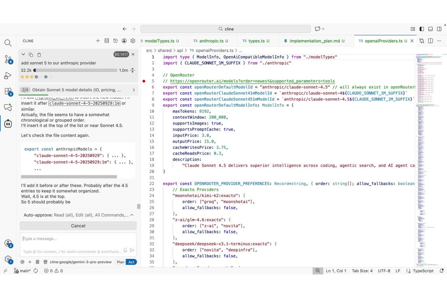 Cline AI-codeerassistent in VS Code die TypeScript-bestanden bewerkt, met een chatvenster waarin de voortgang van de taak wordt weergegeven