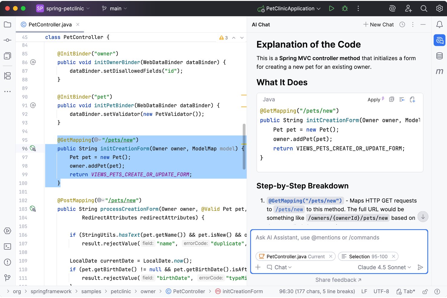 JetBrains IDE waarin AI Chat een Spring MVC-controllermethode uitlegt met een stapsgewijze toelichting