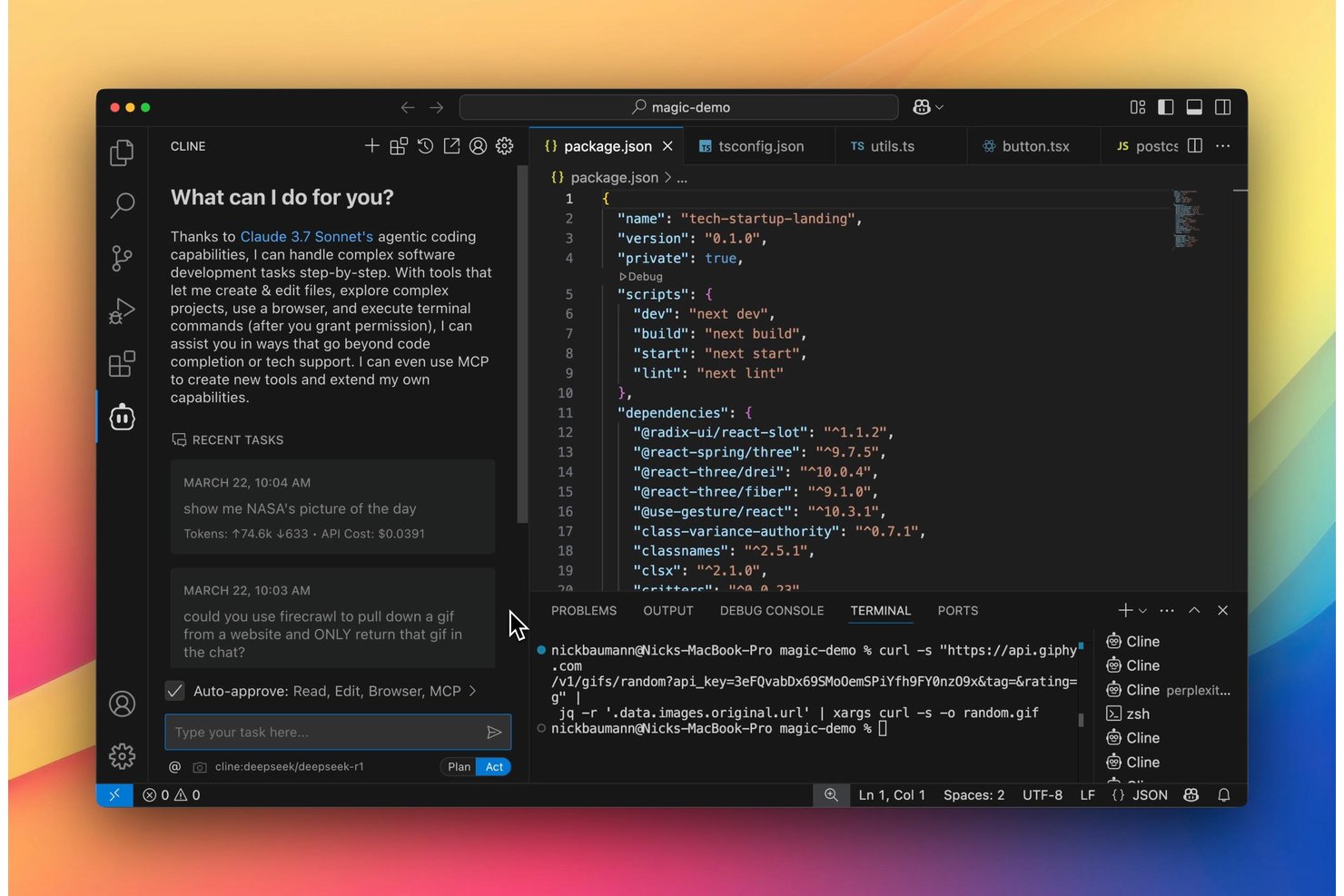 Cline AI-assistentvenster in VS Code met een chatinterface en de editor voor package.json.