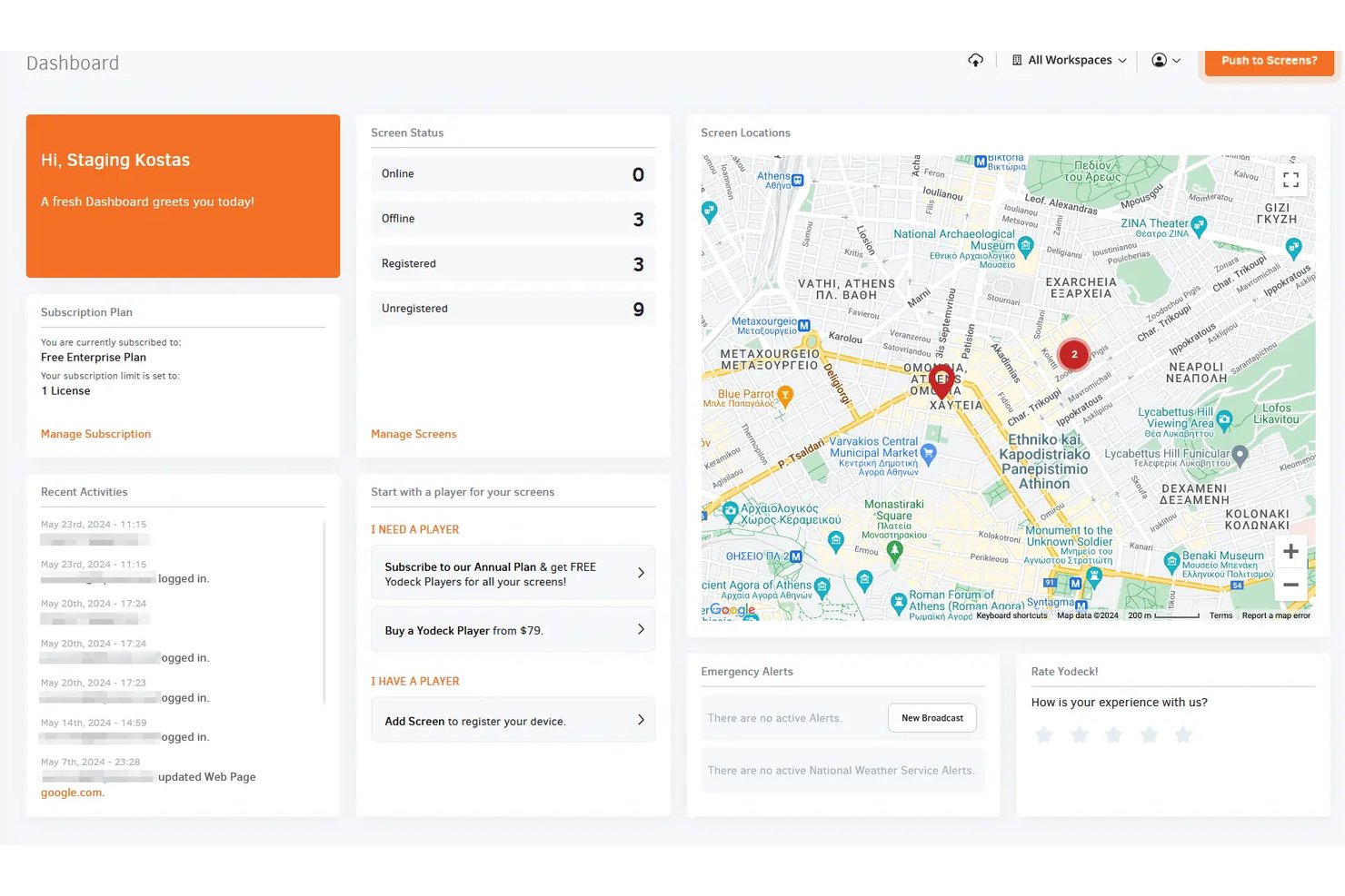 Yodeck-dashboard met schermstatus, kaartlocaties, abonnementsplan en recente activiteit.