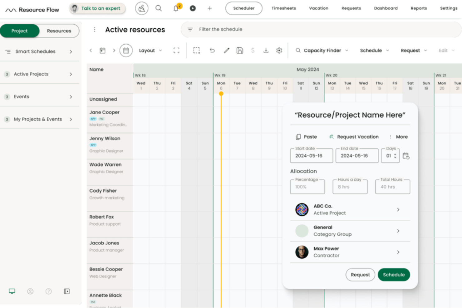 Planner voor middelenplanning met een lijst van medewerkers, een kalenderraster en een pop-up voor boekingen met toewijzingsvelden.