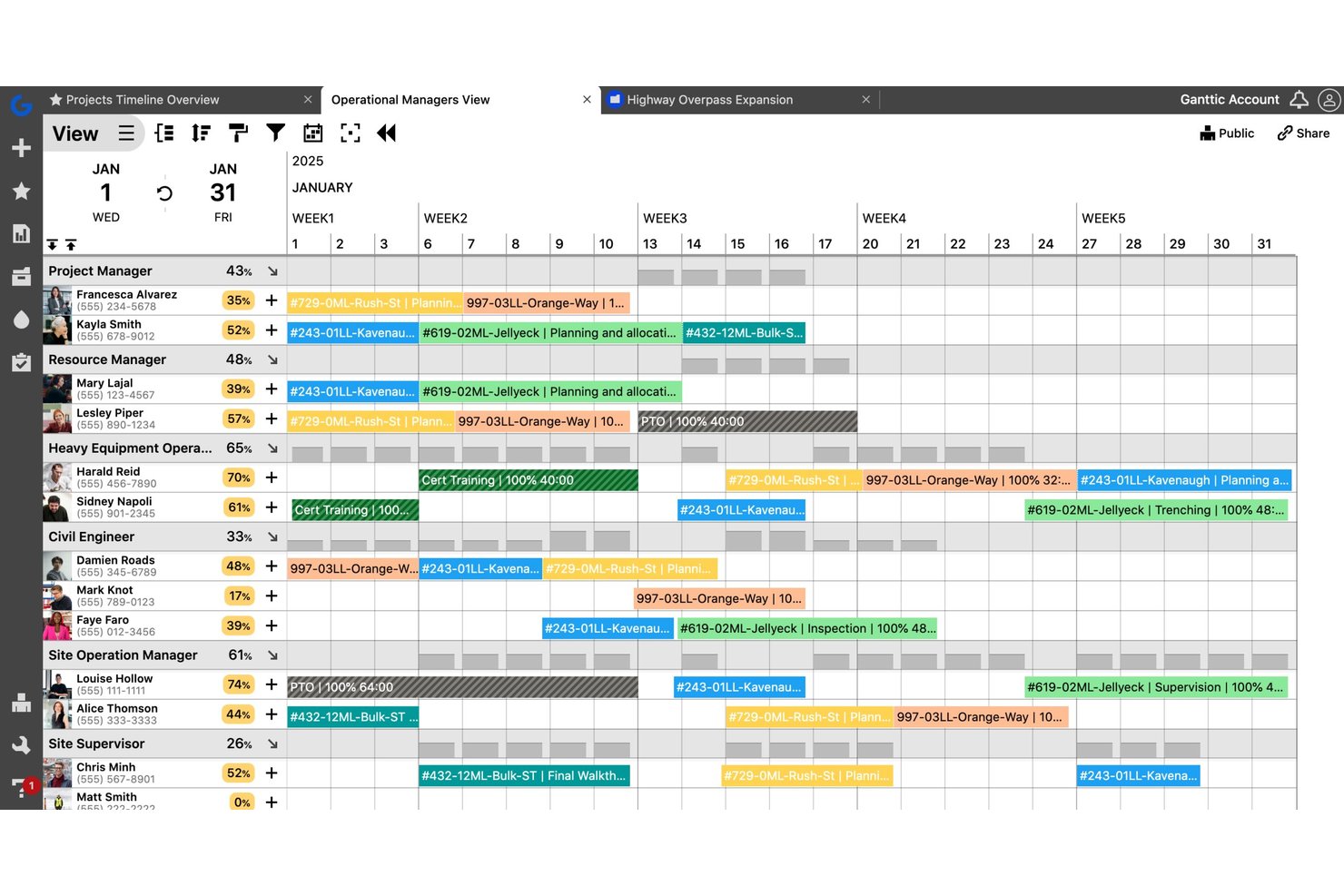 Ganttic Operational Managers View Gantt chart showing team workload and task assignments across January 2025.