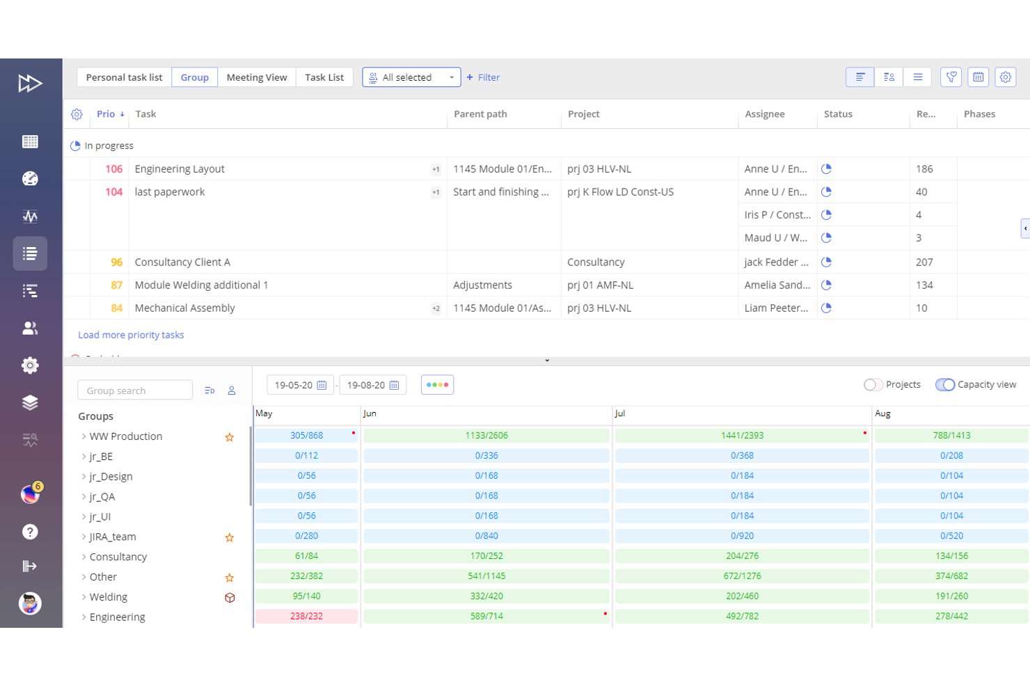 Epicflow task list with priority scores and capacity view showing group workload across May to August.