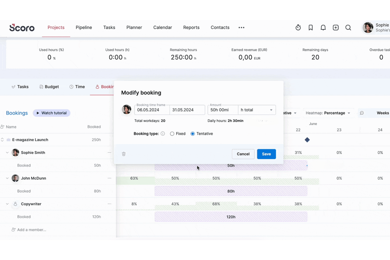 Scoro modify booking modal showing date range, 50 hours, and tentative booking type selection.