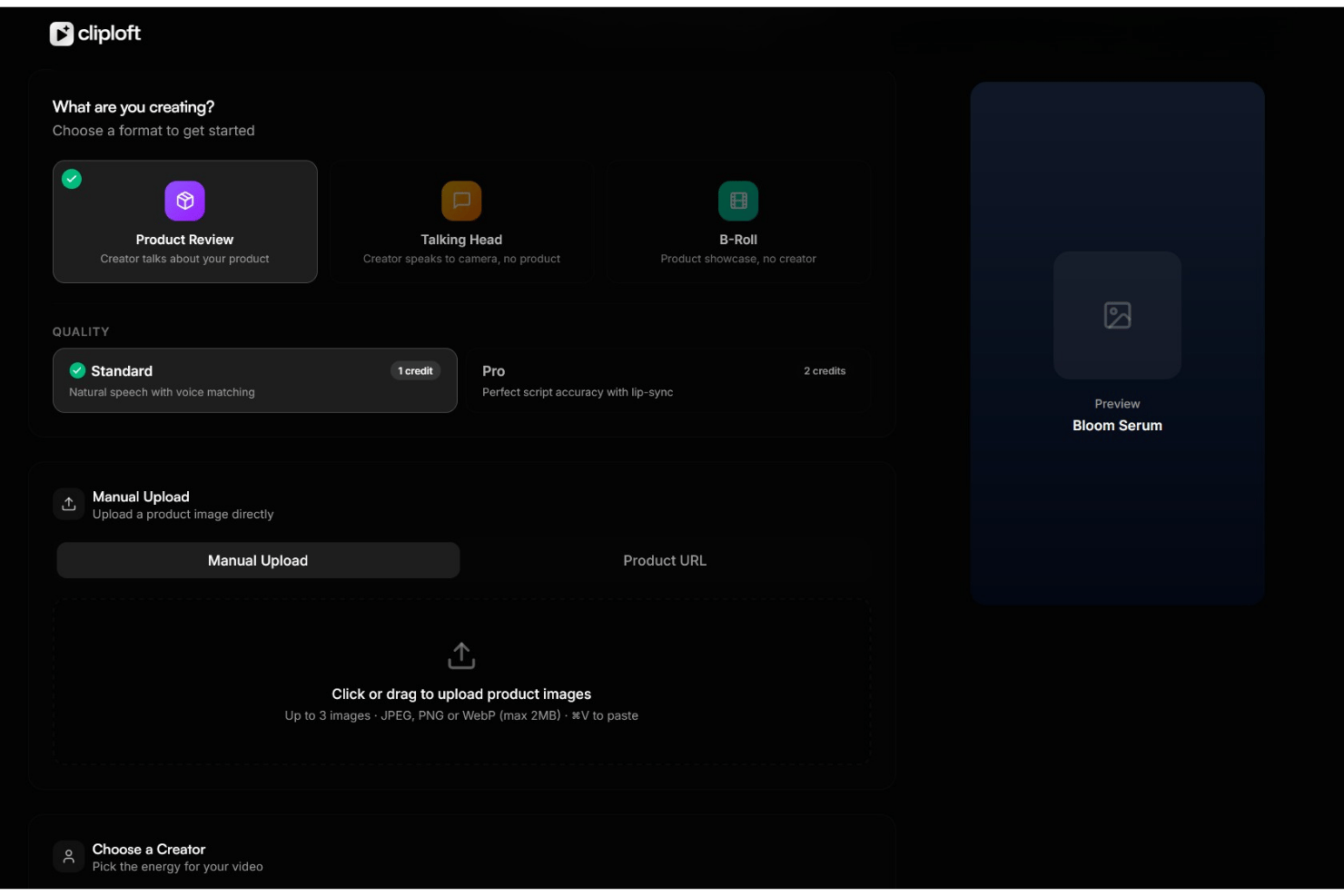 ClipLoft-dashboard met selectie van video-indeling, kwaliteitsopties en een gedeelte voor het uploaden van productafbeeldingen.