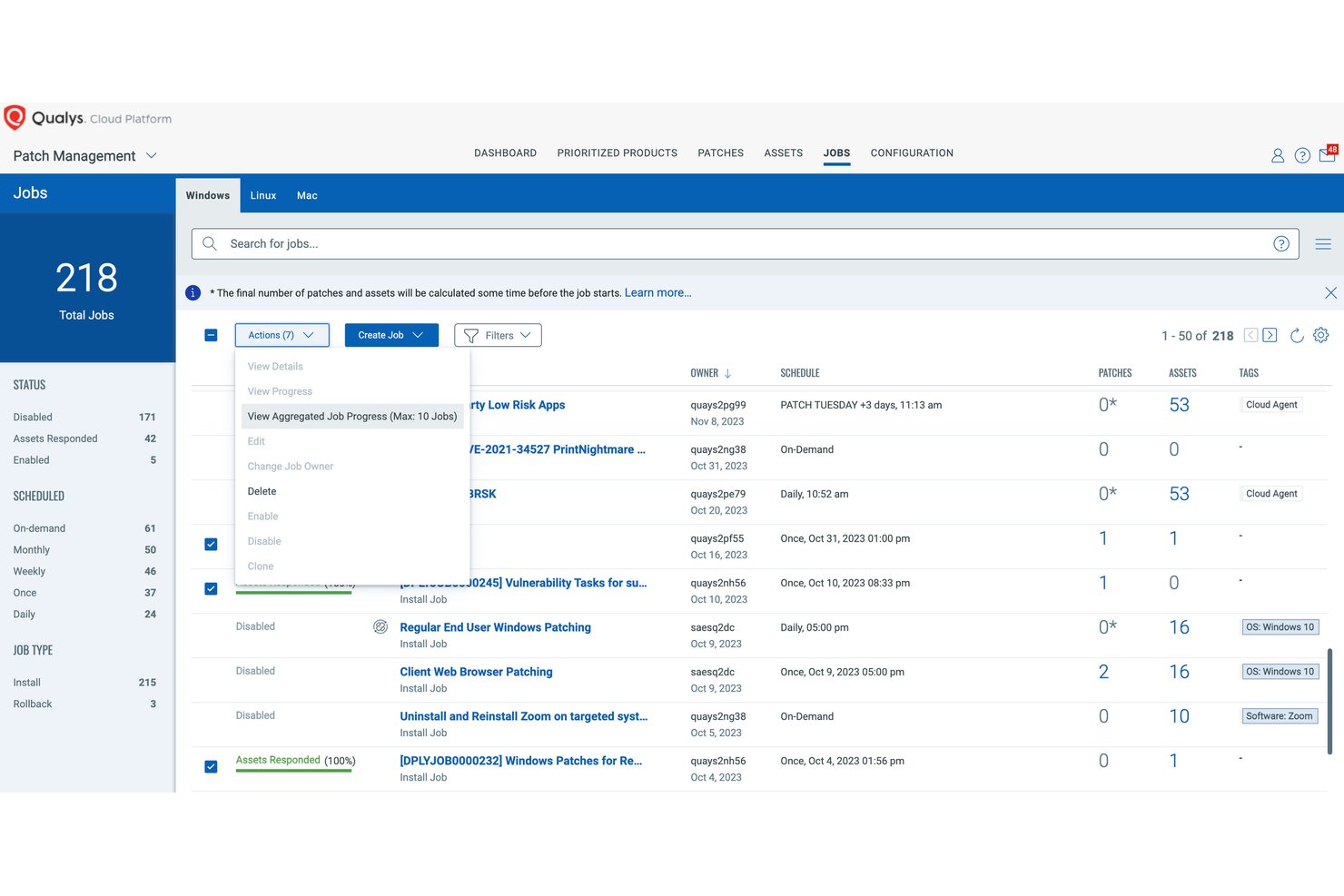 Qualys Patch Management-dashboard voor taken met 218 taken en het uitgevouwen vervolgkeuzemenu Acties.