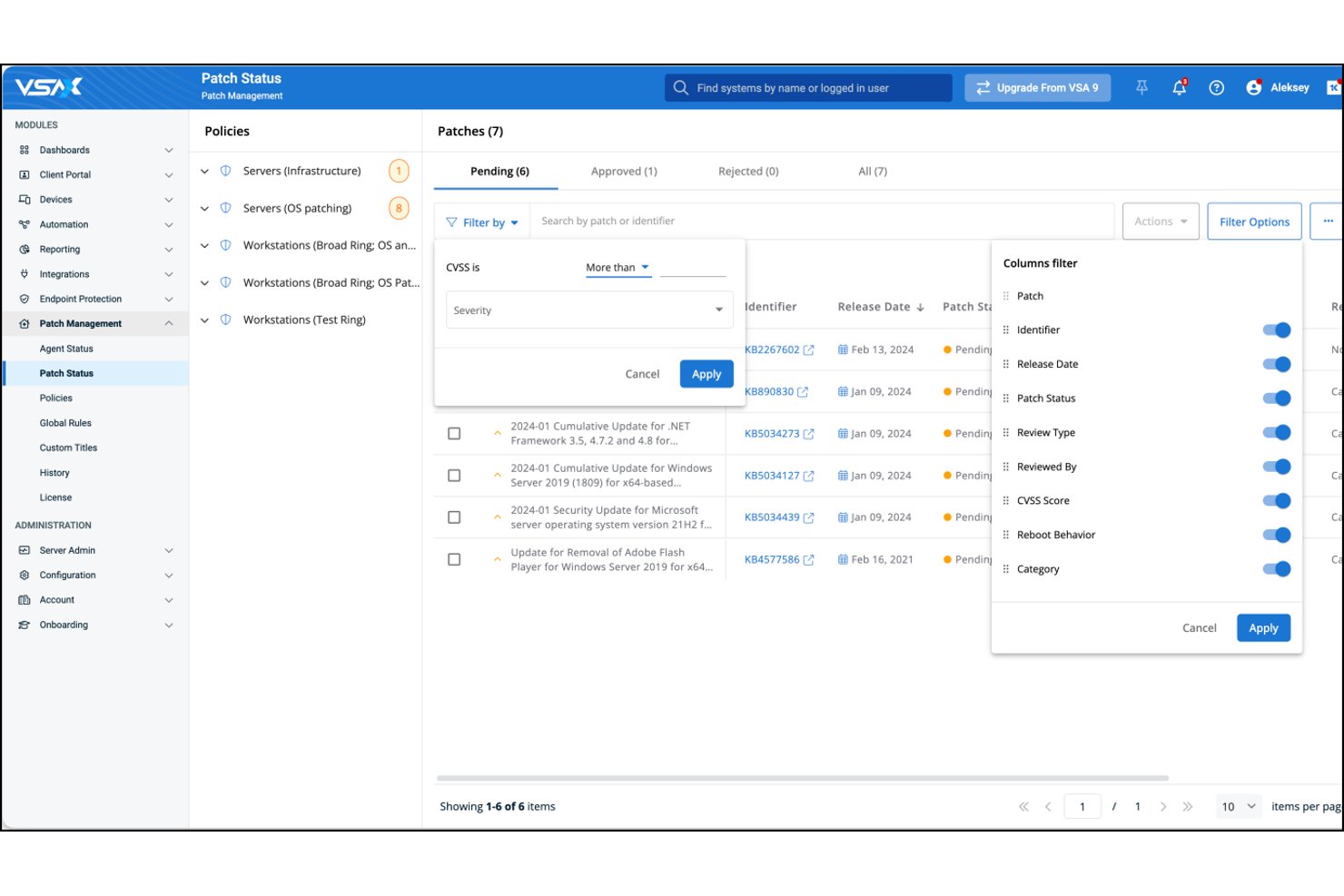 Kaseya VSA-scherm voor patchstatus met een lijst met openstaande patches, waarbij het CVSS-filter en het deelvenster voor kolomfilters geopend zijn.