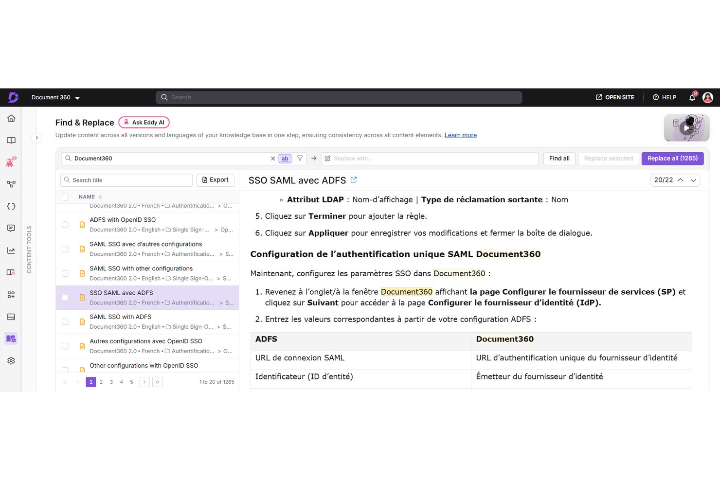 De interface voor zoeken en vervangen van Document360 met zoekresultaten voor 'Document360' in 1265 artikelen