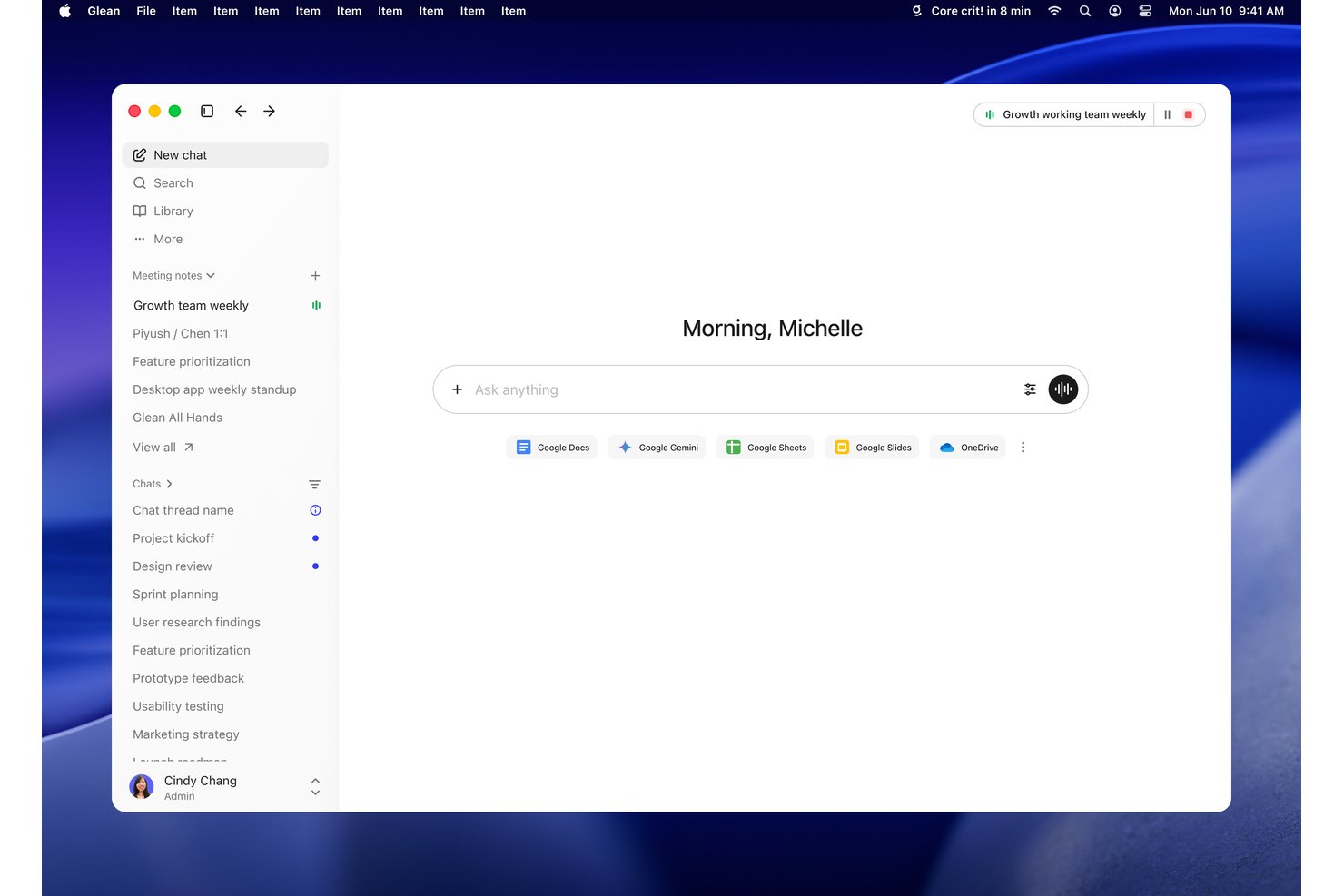 Glean-desktopapp met een AI-chatinterface met vergadernotities, chats en app-integraties.