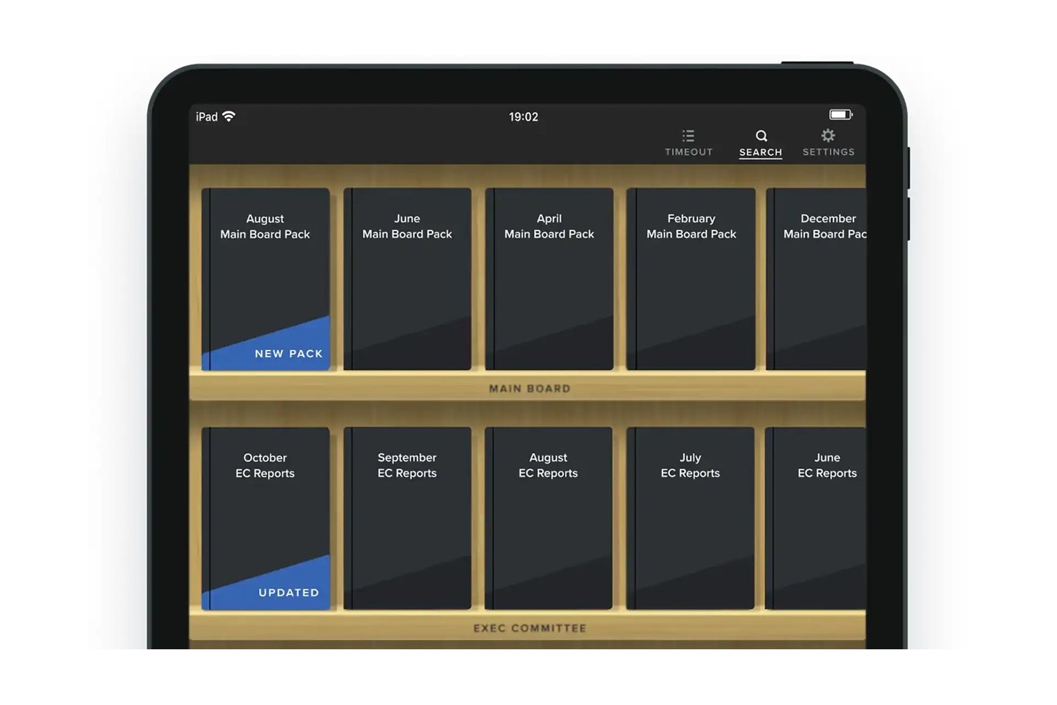iPad-app met een boekenplank waarop maandelijkse documenten voor hoofdbestuurspakketten en EC-rapporten worden weergegeven.