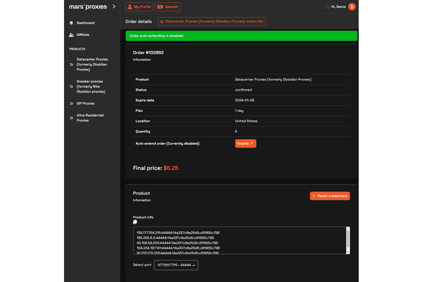 MarsProxies-dashboard met details van een datacenterproxybestelling, waaronder inloggegevens, locatie in de VS en een prijs van $5.25.
