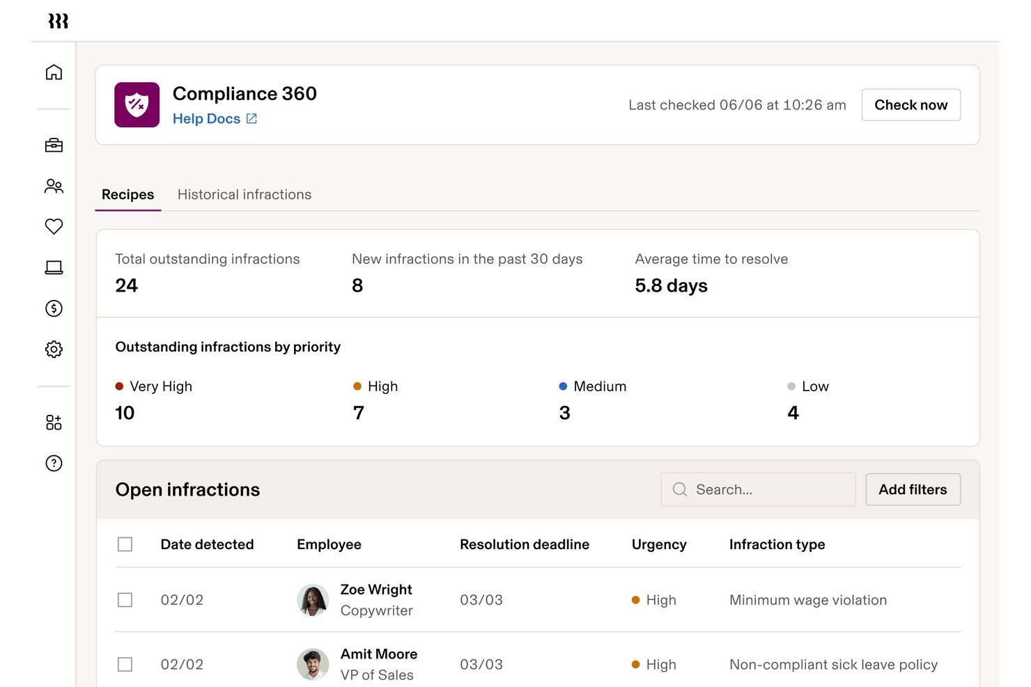 Rippling Compliance 360 dashboard showing 24 outstanding infractions by priority and open infraction list.