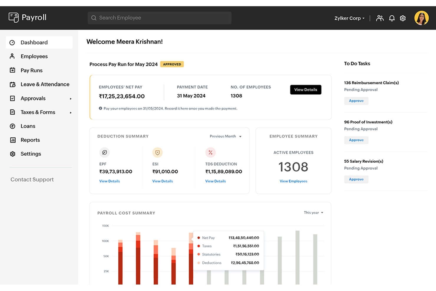 Zoho Payroll screenshot - Le 10 migliori app per la gestione delle paghe recensite nel 2026