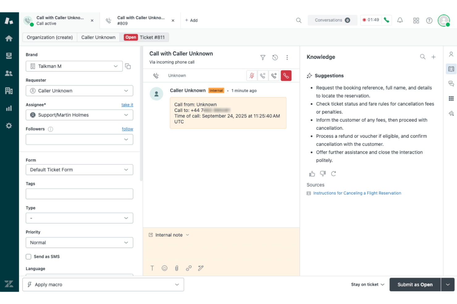 Zendesk Voice screenshot - 10 meilleures alternatives à Google Voice en 2026