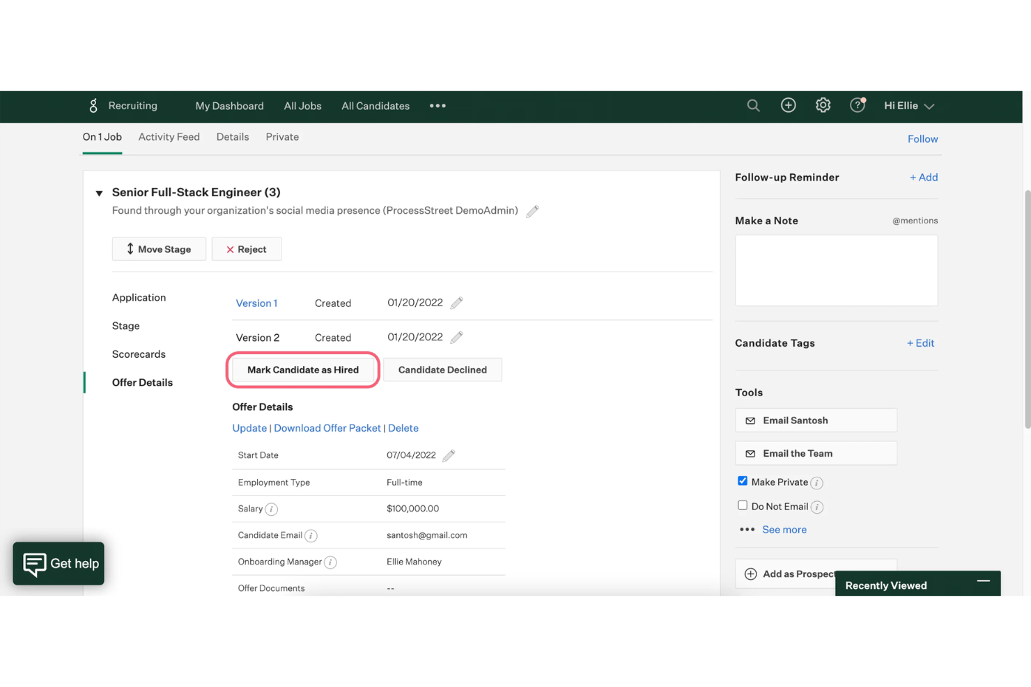 Wervingssoftware van Greenhouse met aanbiedingsgegevens en de knop Kandidaat als aangenomen markeren.