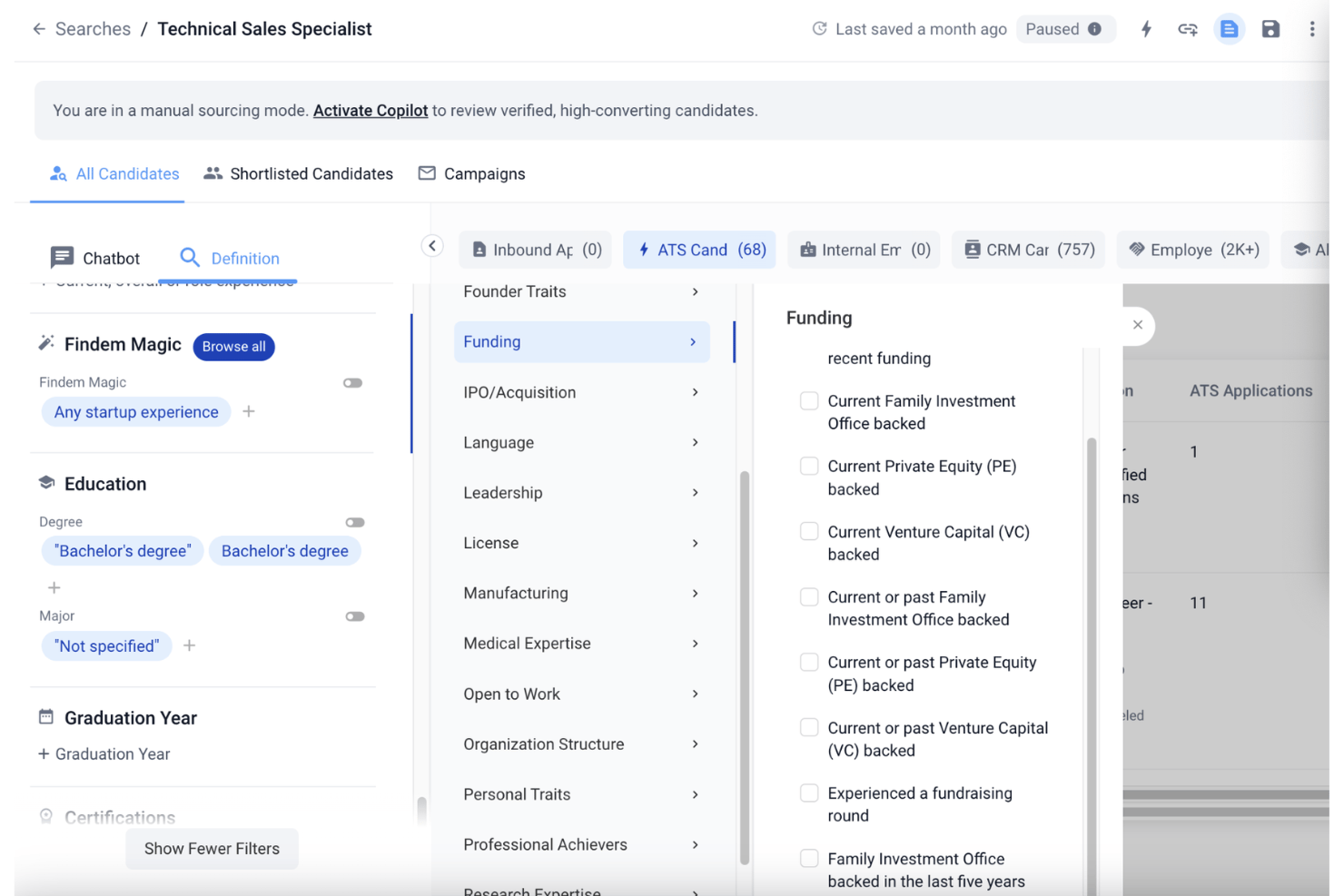 Recruiterplatform van Findem met filteropties voor financiering bij het zoeken naar kandidaten
