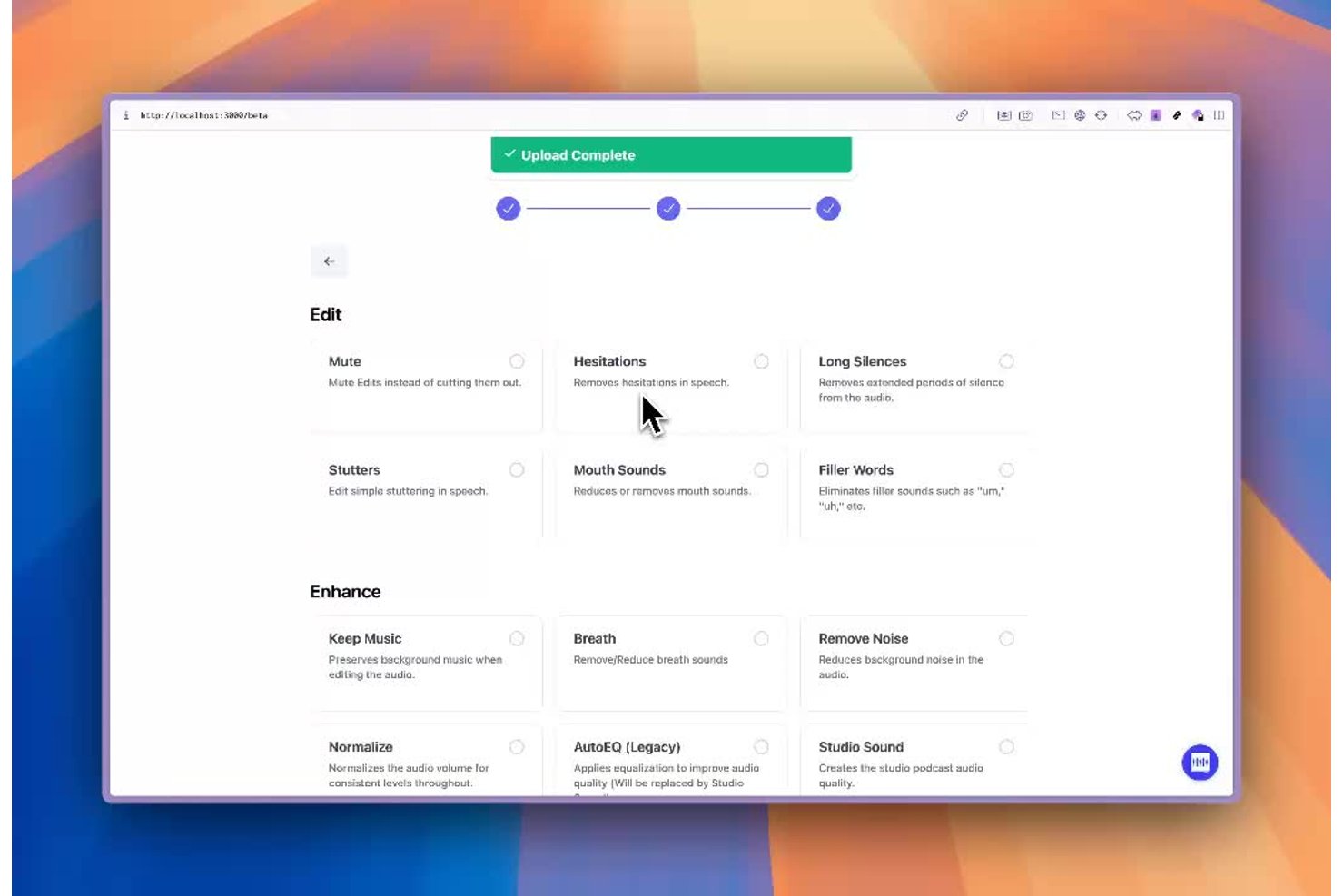 Het paneel voor bewerken en verbeteren van Cleanvoice met schakelaars voor het opschonen van audio nadat het uploaden is voltooid.