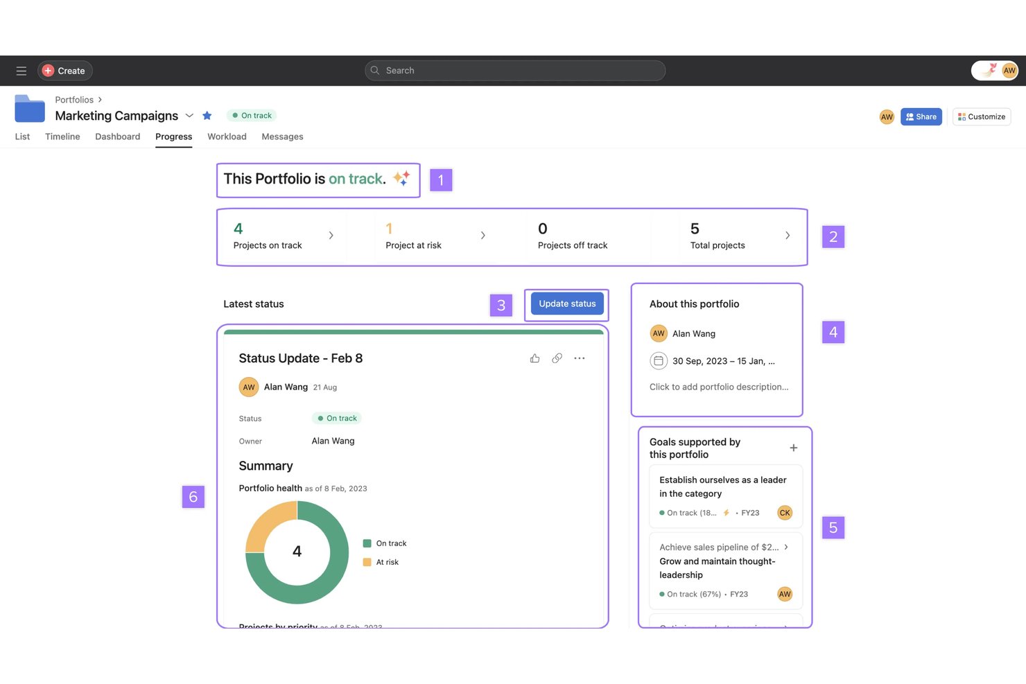 Asana screenshot - 10 meilleurs logiciels gratuits de gestion de portefeuille de projets en 2026