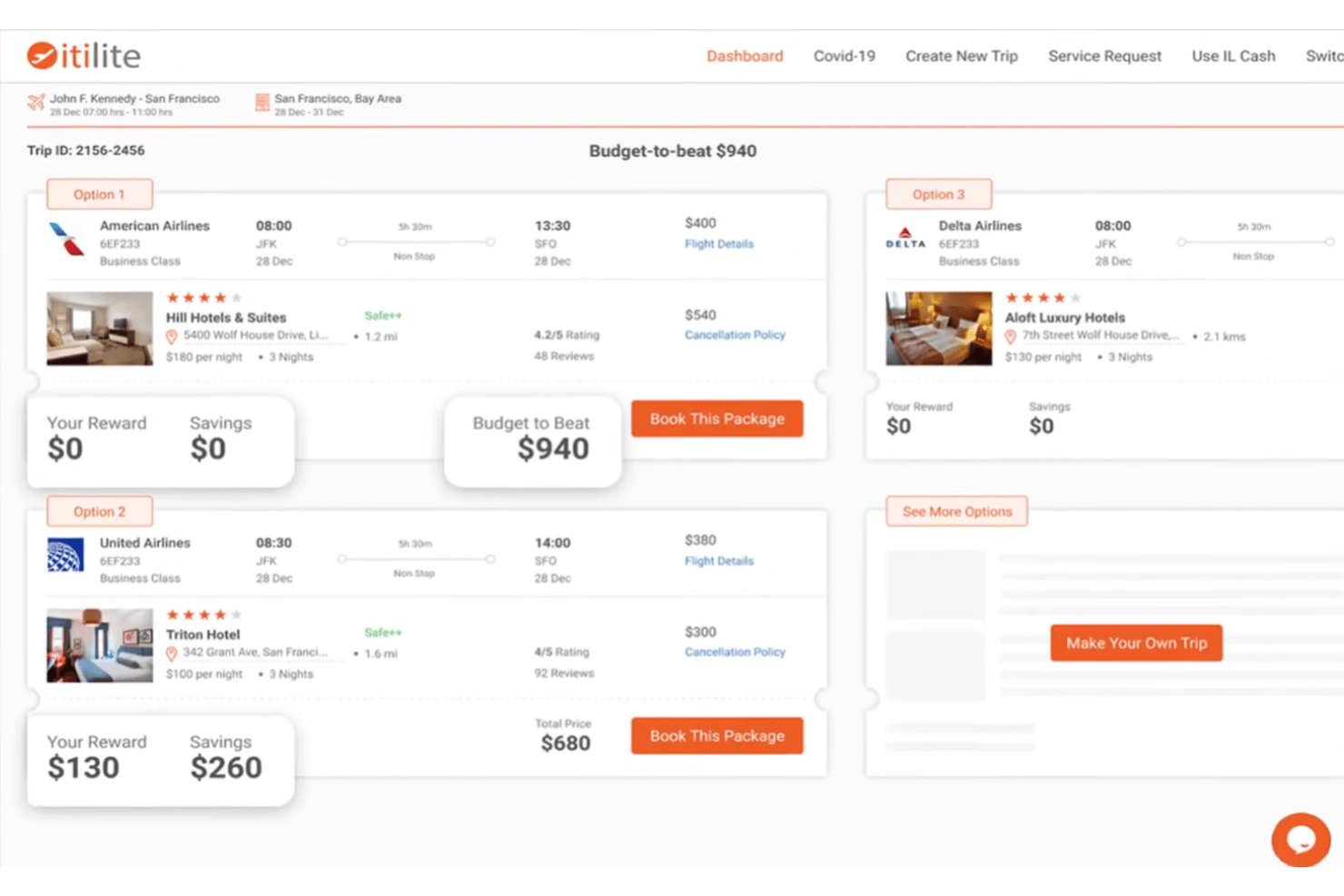 Interface voor het boeken van reizen in ITILITE met vlucht- en hotelpakketopties en prijzen op basis van een budget dat werknemers moeten overtreffen