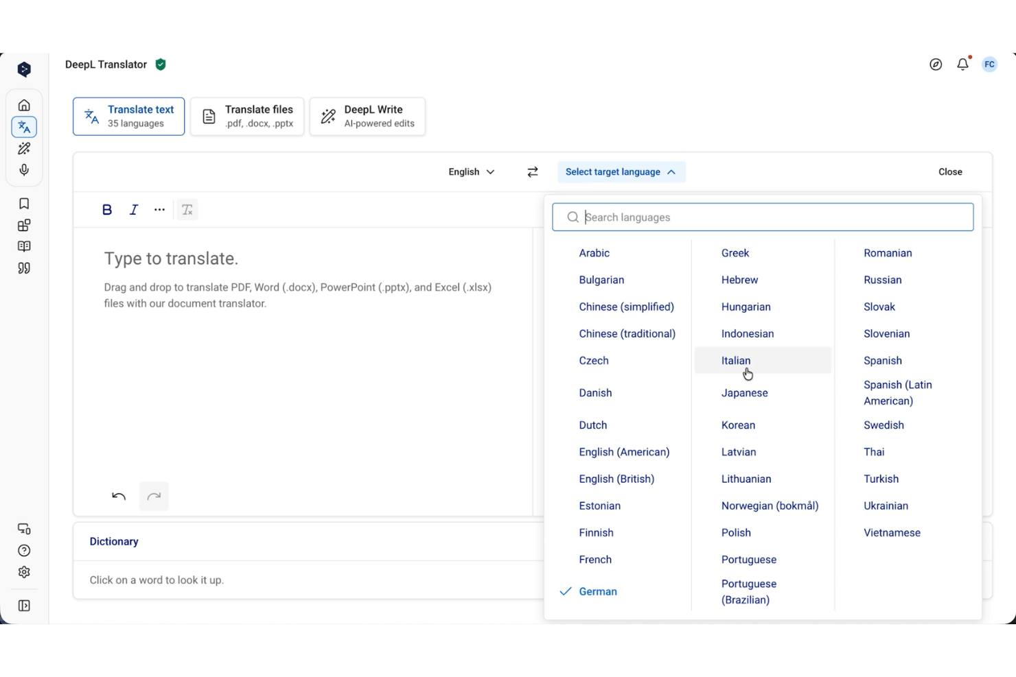 Interface van DeepL Translator met een vervolgkeuzemenu voor de doeltaal met 35 taalopties.
