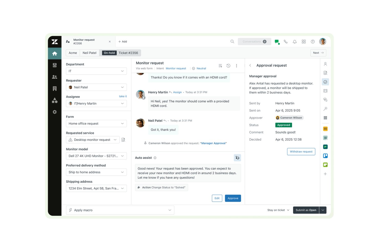 Zendesk-ticketweergave waarin AI Auto Assist een antwoord op een monitoraanvraag opstelt met een paneel voor de goedkeuringsstatus