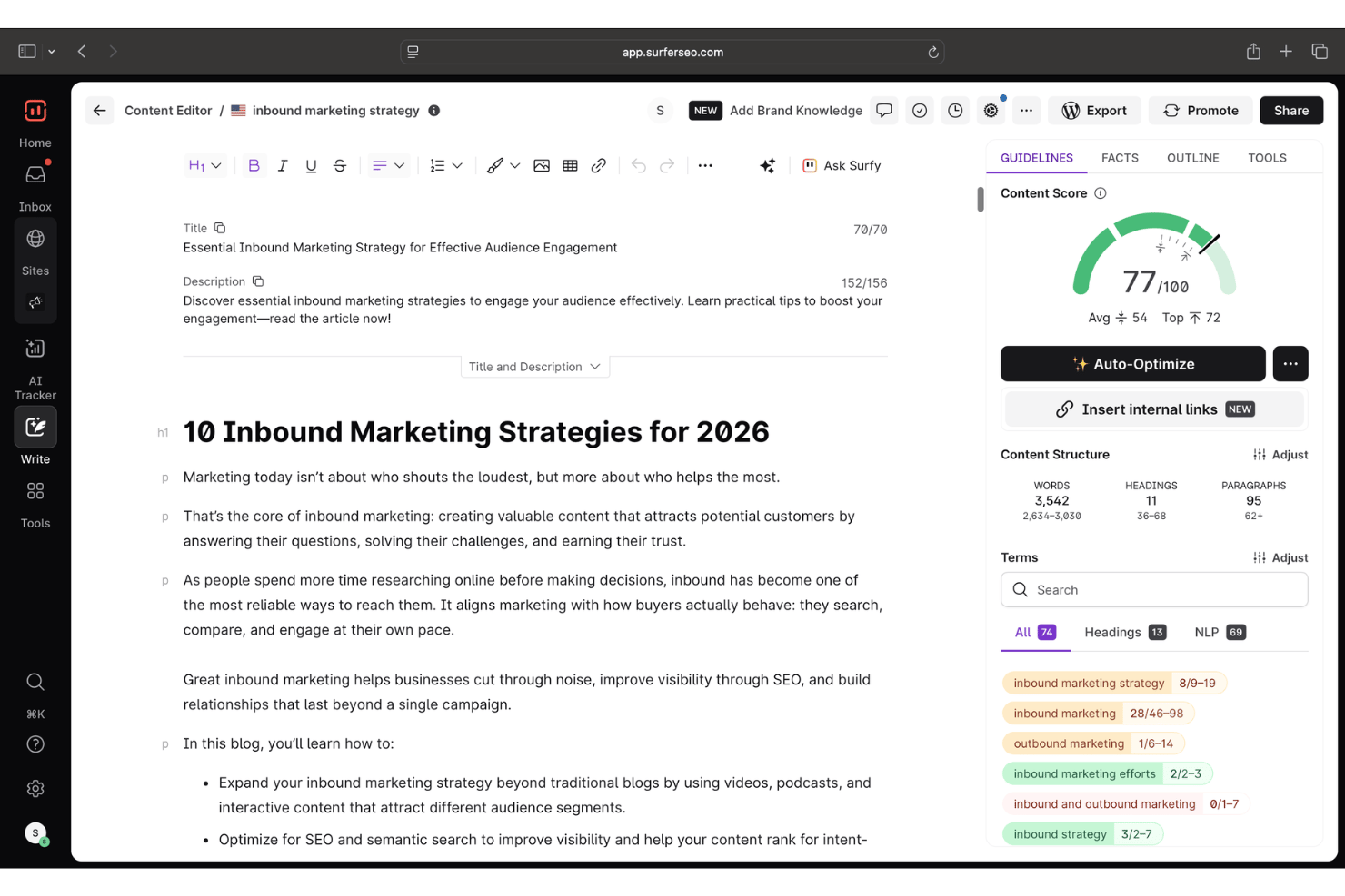 Surfer SEO screenshot - 10 Meilleurs Outils d’Inbound Marketing IA en 2026