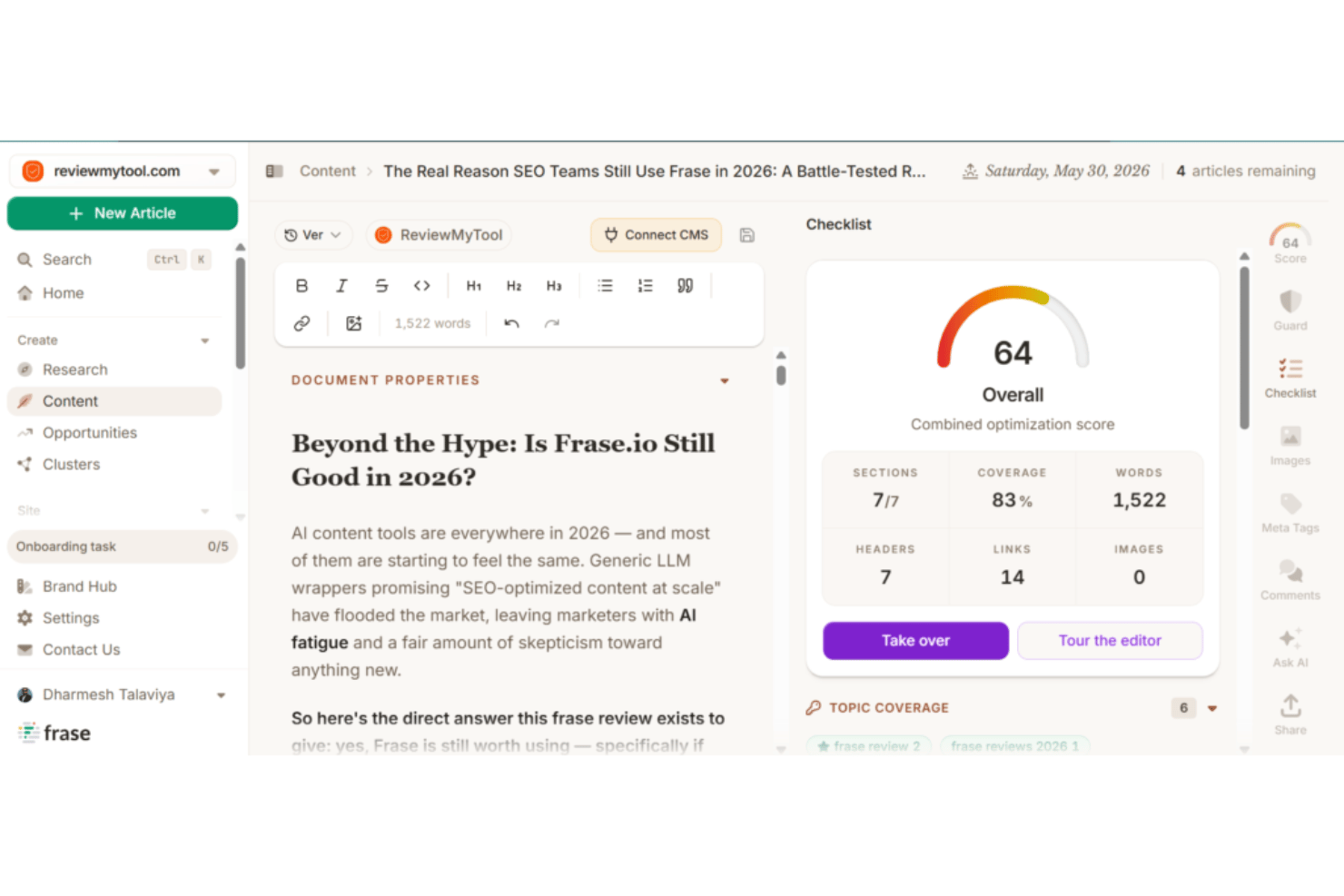 Contenteditor van Frase met een SEO-score van 64, onderwerpdekking en artikelstatistieken