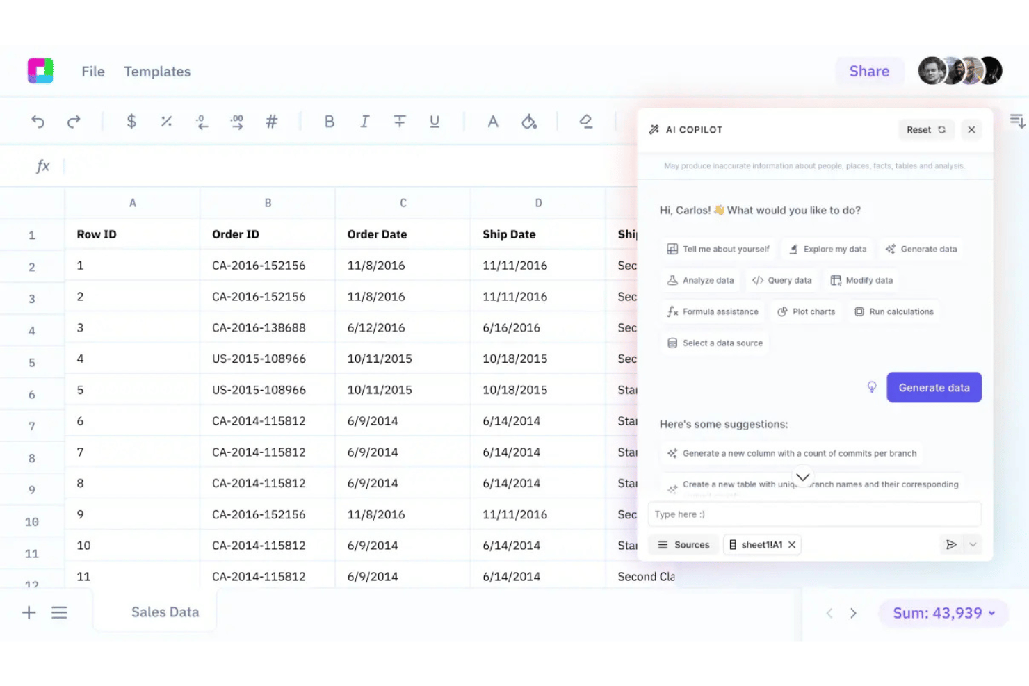 Spreadsheet met een AI Copilot-paneel met gegevensopties en suggesties voor verkoopgegevens.